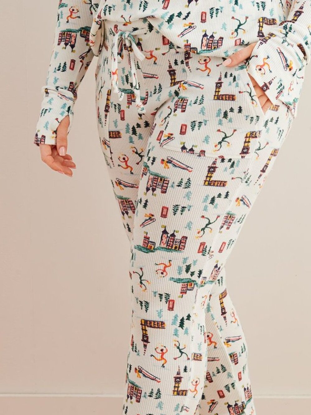 Aerie Thermal Waffle Winter Ski Theme Matching Pajama Set, size XS